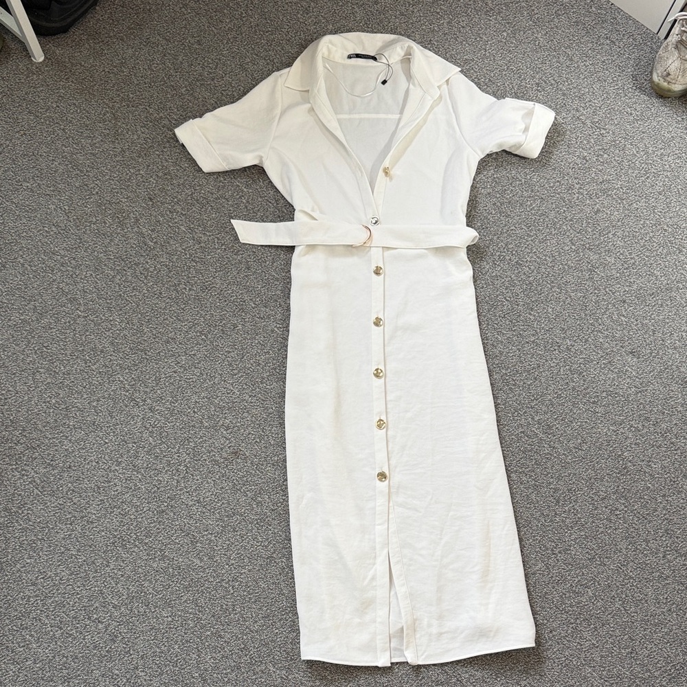 Zara White Midi Button-Front Dress